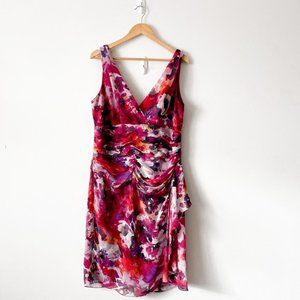 Ralph Lauren 100% Silk Floral  V Neck Ruched Midi Dress Sz Plus 16